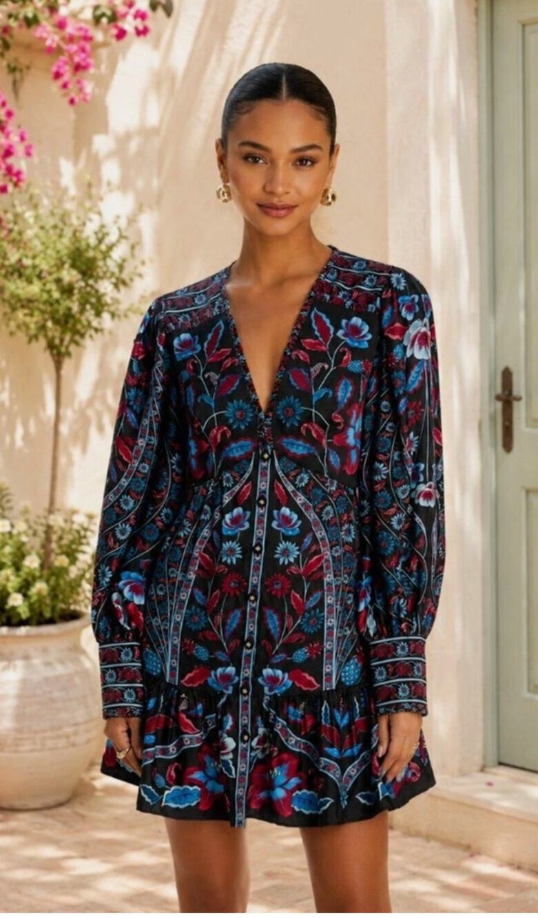 Farm Rio NEW Marcelle Black Mini Long Sleeve Dress, Med